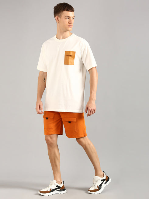 White & Orange Printed Regular Fit Co-Ords Set