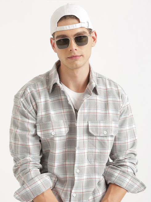 Light Grey & White Checked Full Sleeve Oversized Casual Shirt