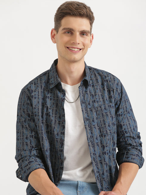 Navy Blue Printed Casual Long Sleeve Shirt