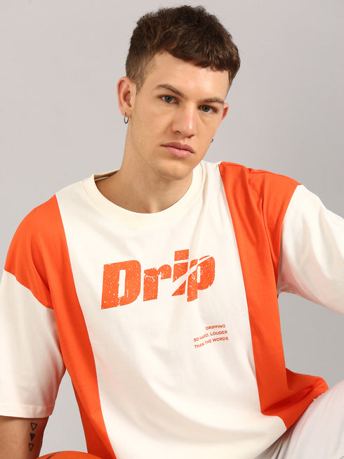 Orange & White Printed Oversized T-Shirt