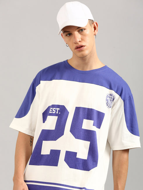 White & Blue Oversized Printed Cut& Sew Baseball T-shirt