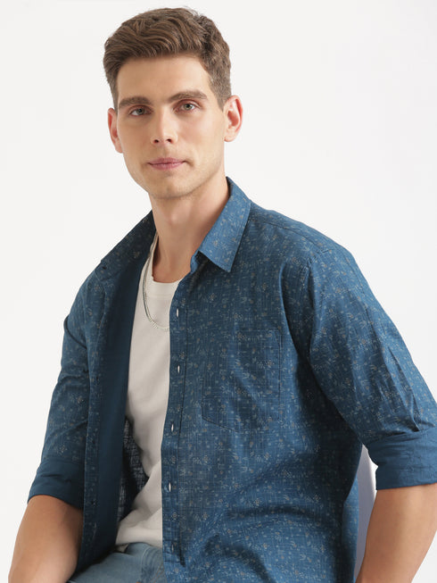 Teal Printed Long Sleeve Casual Shirt