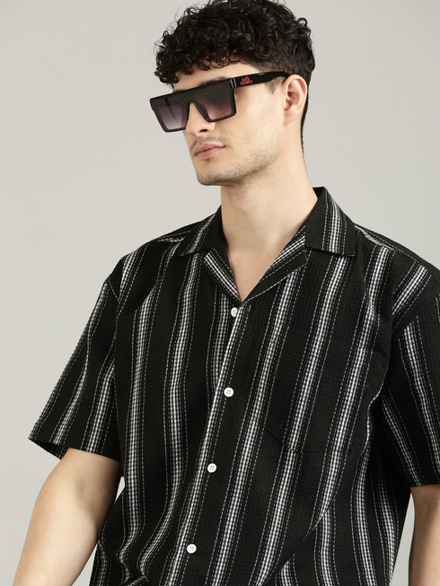 Black Striped Short Sleeved Oversized Resort Shirt
