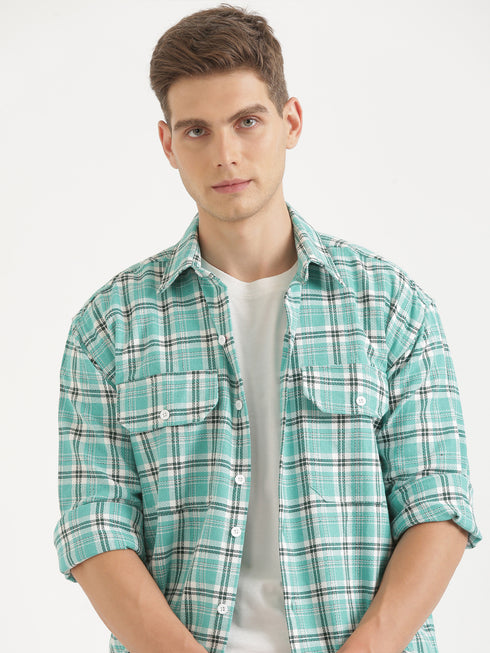 Green & Black Checked Full Sleeve Oversized Casual Shirt