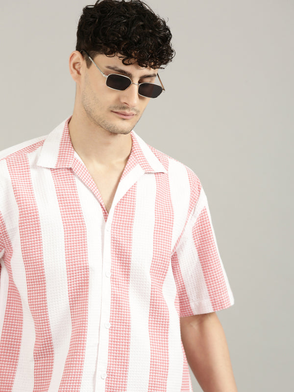 White&Pink Striped Short Sleeved Oversized Shirt