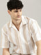 White&Beige Striped Short Sleeved Oversized Shirt