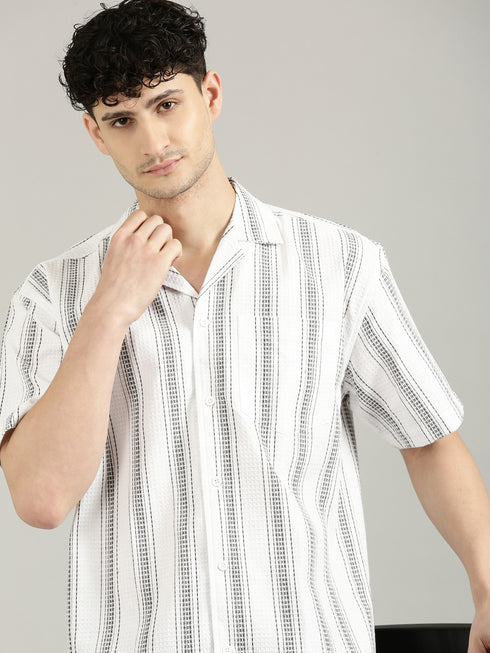 White Striped Short Sleeved Oversized Resort Shirt