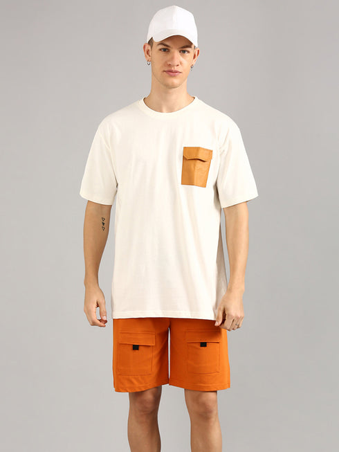 White & Orange Printed Regular Fit Co-Ords Set