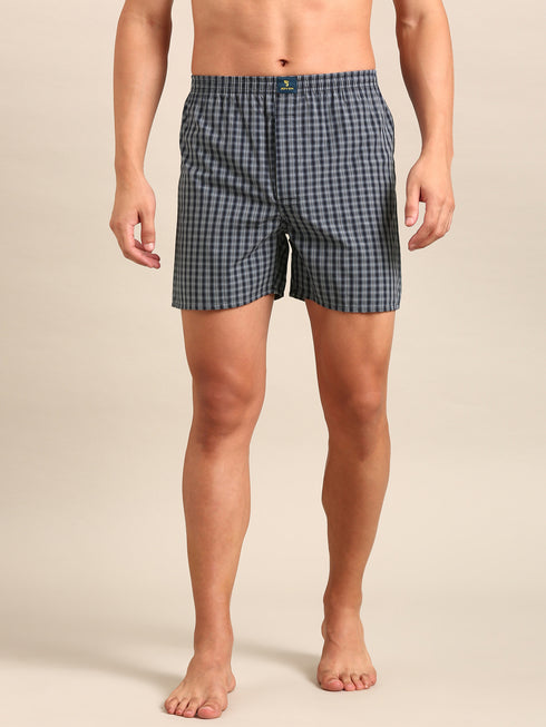 Navy Blue Checked Cotton Boxer