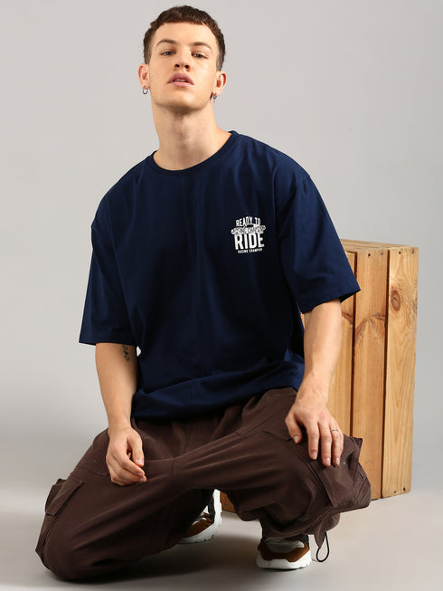 Navy Blue Cut&Sew Oversized Printed T-shirt