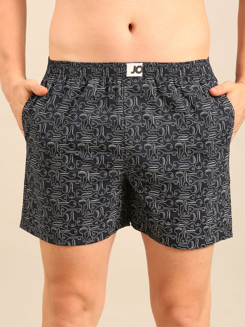Navy with Key Printed Cotton Boxers