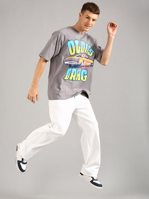 Dark Grey Oversized Printed Raglan T-shirt