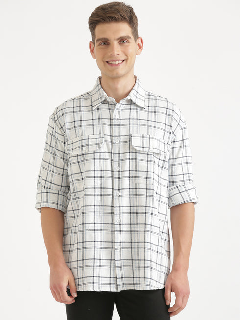 White & Black Checked Full Sleeve Oversized Casual Shirt