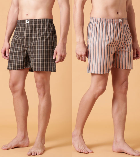 JOVEN Men Checked Pure Cotton Boxers Pack Of 2