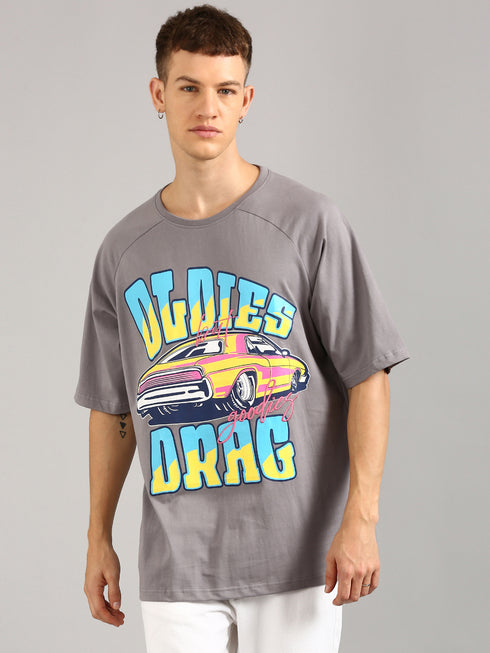 Dark Grey Oversized Printed Raglan T-shirt