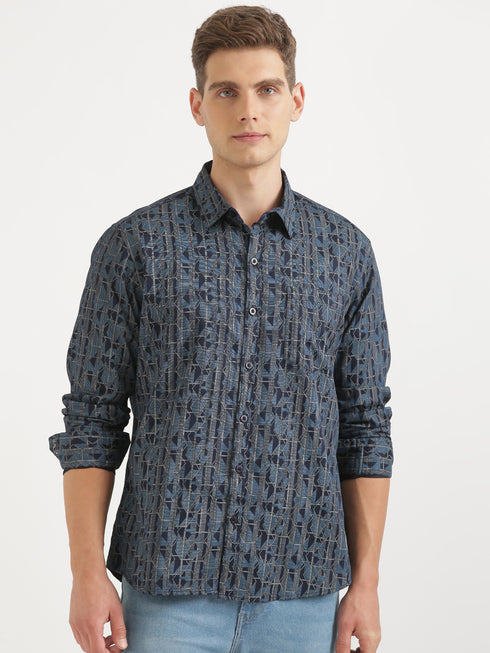 Navy Blue Printed Casual Long Sleeve Shirt