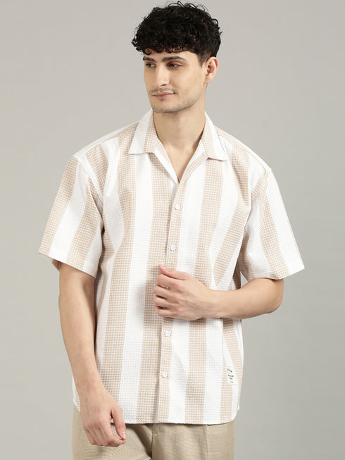 White&Beige Striped Short Sleeved Oversized Shirt