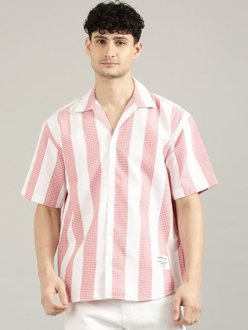 White&Pink Striped Short Sleeved Oversized Shirt