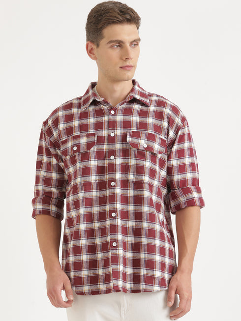 Red & White Checked Full Sleeved Oversized Casual Shirt