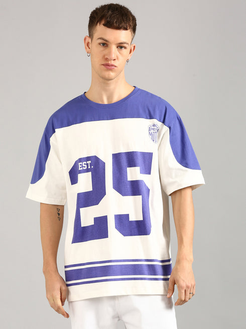 White & Blue Oversized Printed Cut& Sew Baseball T-shirt