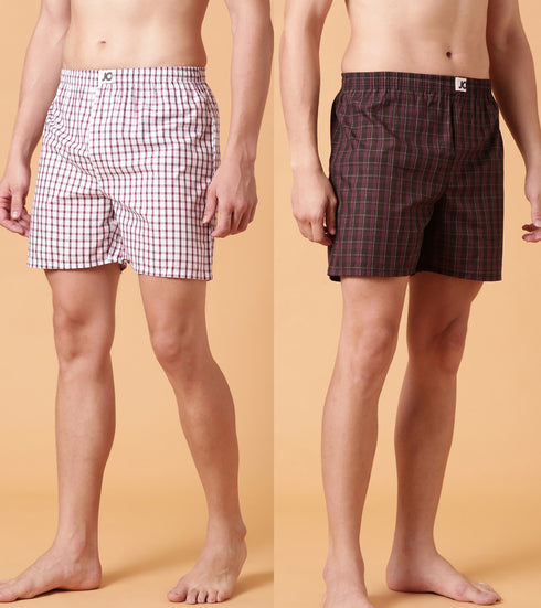 JOVEN Men Checked Pure Cotton Boxers Pack Of 2