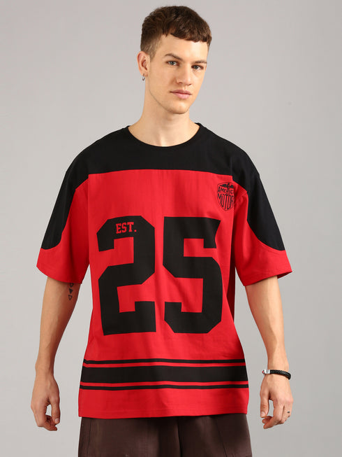 Red & Black Oversized Printed Cut& Sew Baseball T-shirt