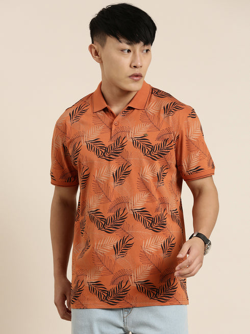 Orange Printed Polo T-shirt