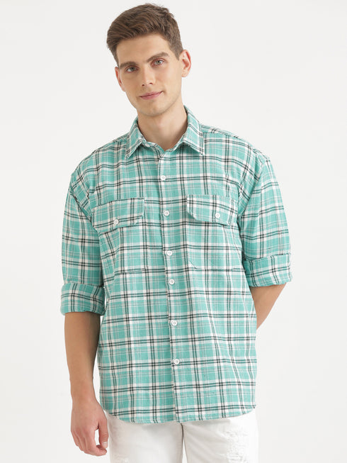 Green & Black Checked Full Sleeve Oversized Casual Shirt