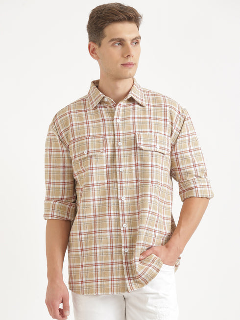 Beige & Light Brown Checked Full Sleeve Oversized Casual Shirt