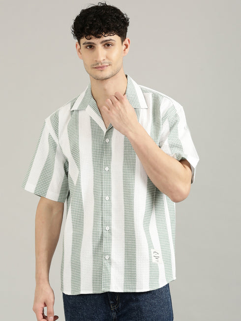 White&Green Striped Short Sleeved Oversized Shirt