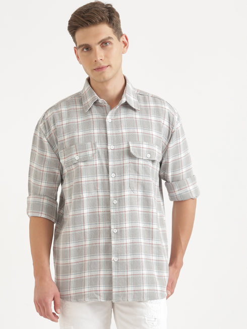 Light Grey & White Checked Full Sleeve Oversized Casual Shirt