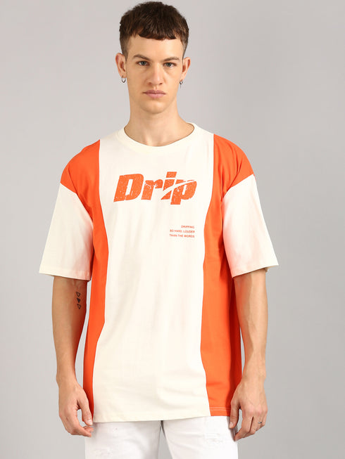 Orange & White Printed Oversized T-Shirt