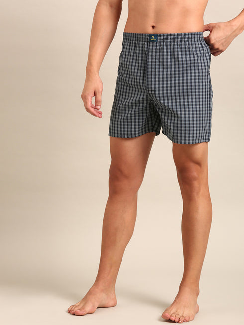 Navy Blue Checked Cotton Boxer