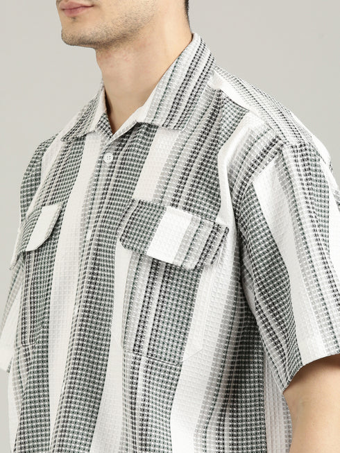 White&Green Striped Short Sleeved Oversized Shirt