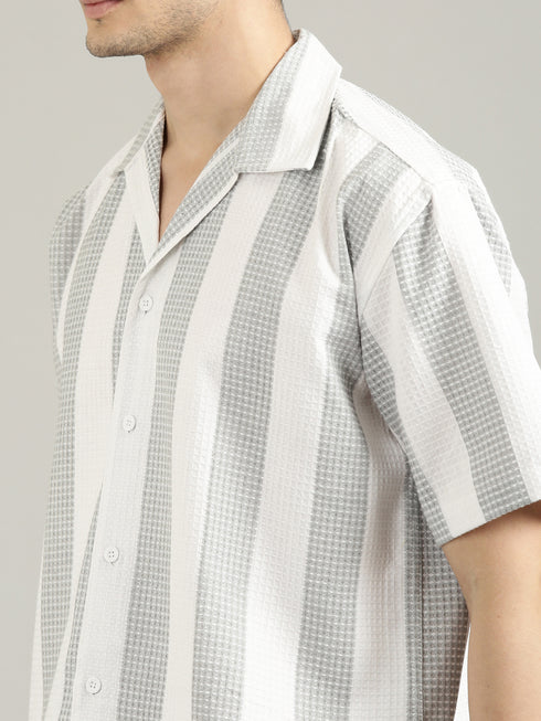 White&Grey Striped Short Sleeved Oversized Shirt