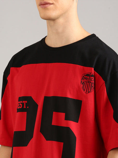 Red & Black Oversized Printed Cut& Sew Baseball T-shirt