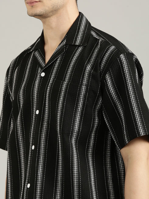 Black Striped Short Sleeved Oversized Resort Shirt