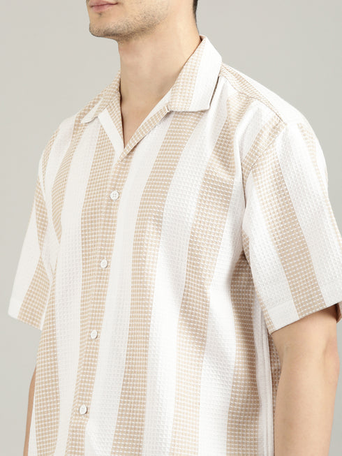 White&Beige Striped Short Sleeved Oversized Shirt