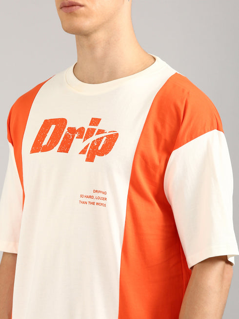 Orange & White Printed Oversized T-Shirt