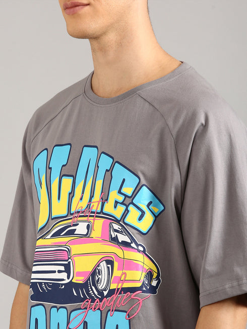 Dark Grey Oversized Printed Raglan T-shirt