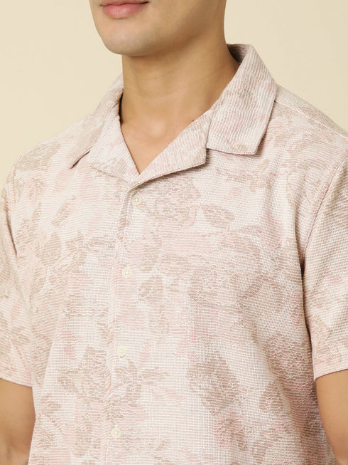 JOVEN Men Printed Casual Peach Oversized Half Sleeve Shirt