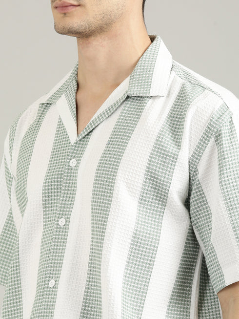 White&Green Striped Short Sleeved Oversized Shirt
