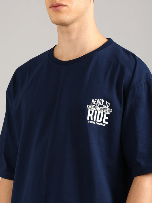 Navy Blue Cut&Sew Oversized Printed T-shirt