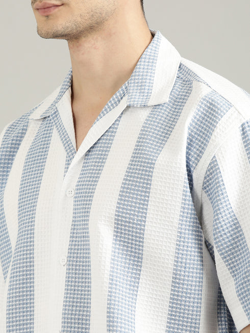 White&Blue Striped Short Sleeved Oversized Shirt