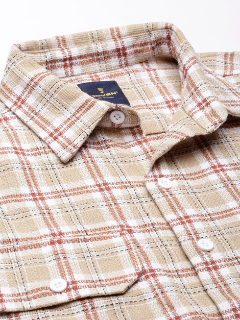 Beige & Light Brown Checked Full Sleeve Oversized Casual Shirt