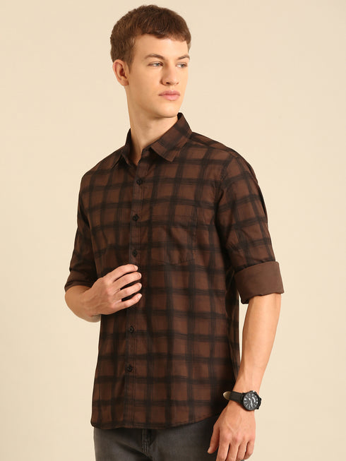 Dark Brown Checked Full Sleeve Casual Shirt