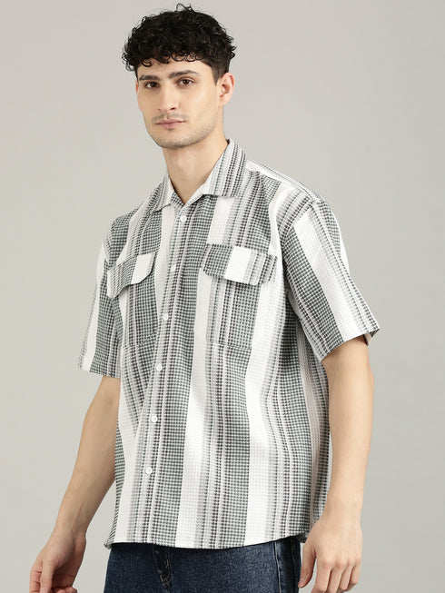 White&Green Striped Short Sleeved Oversized Shirt