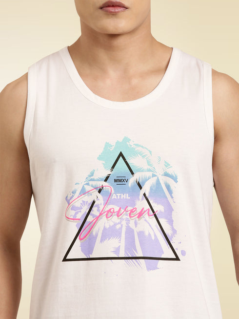 White Printed Crew Neck Tank Top