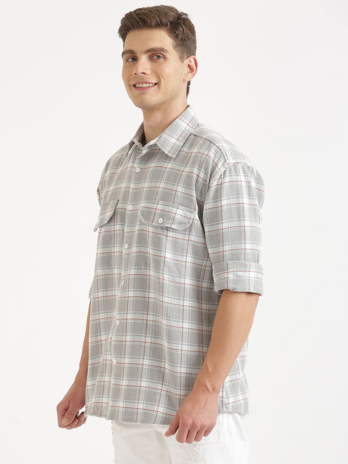 Light Grey & White Checked Full Sleeve Oversized Casual Shirt