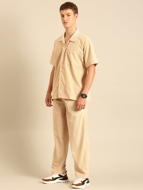 Cream Textured Relaxed Fit Co-Ords Set